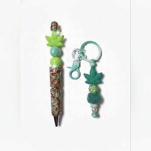Bud Leaf Red And Green Rhinestine Bling Pen And Keychain